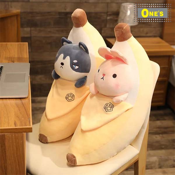 Kawaiies stuffed plushies wears a banana custom. They are dog and rabbit.